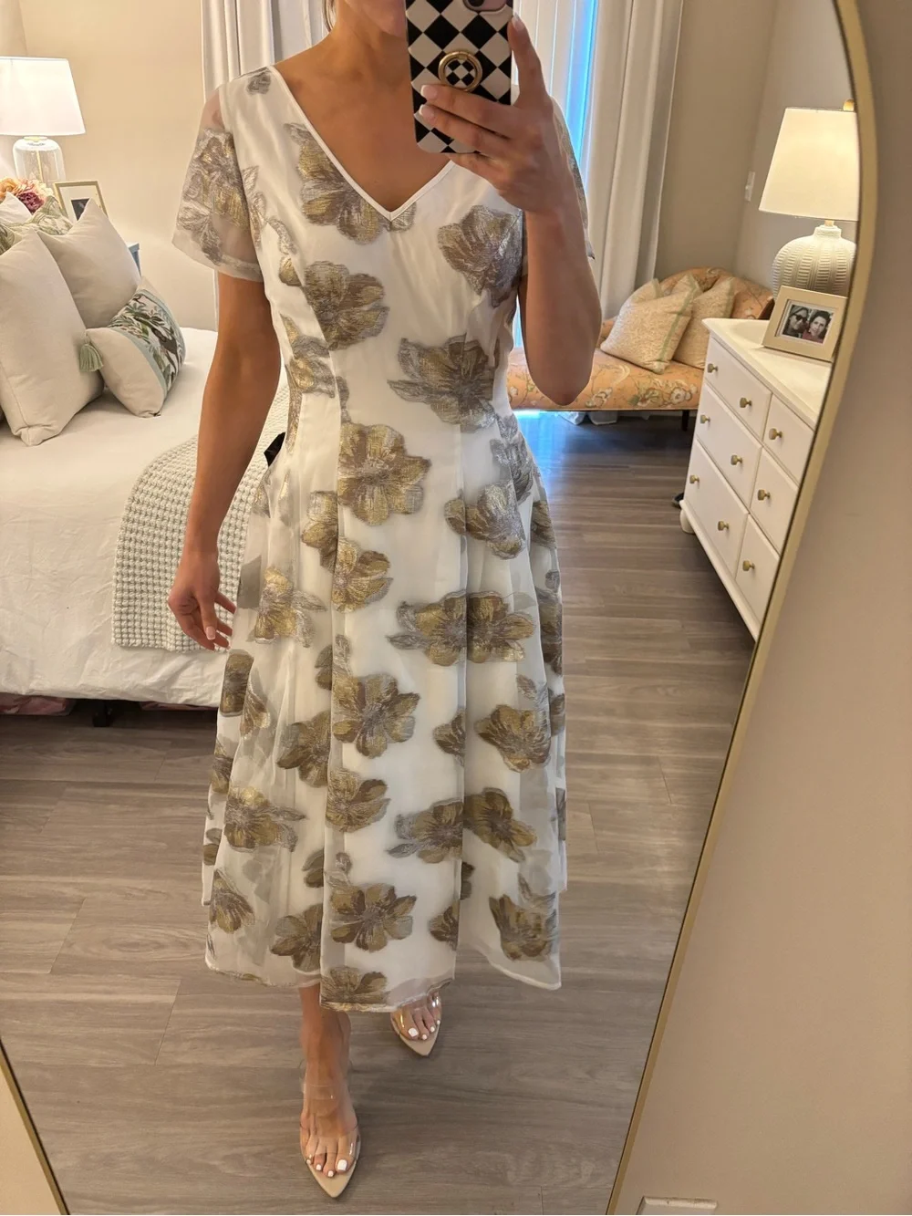 Shani Collection Ivory Gold Floral Jacquard Midi Dress NWT | Size 6